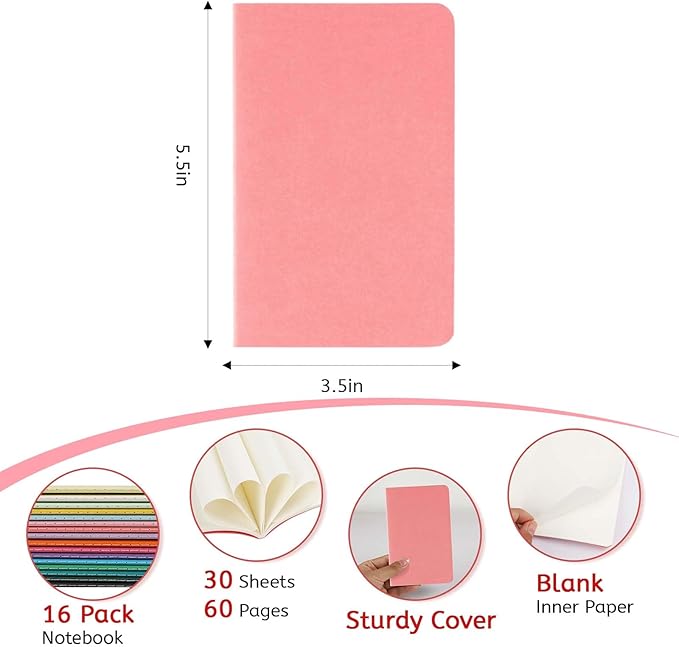 16PCS Mini Notebooks Bulk, 3.5" x 5.5", 16 Color, 60 Pages Blank Paper Small Pocket Notebook Set, Mini Journal Memo Notepads for Kids, Students, Traveler, School Office Supplies