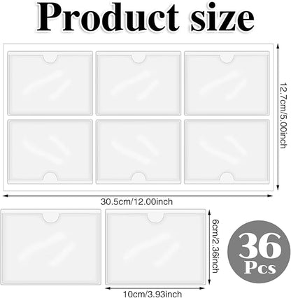 36 Pack Adhesive 2.4" x 3.9" Index Card Pockets with Top Open for Loading, Clear Plastic Labels Holders for Organizing, Storage Bins, Library Card, Totes, Shelves