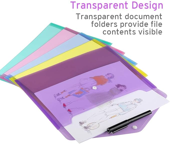 Sooez 12 Pack Folders Plastic Envelopes, Clear Plastic File Folder for Document, Letter A4 Size Poly File Envelopes with Label Pocket, Snap Button for Home Work Office Organizer, 5 Colors