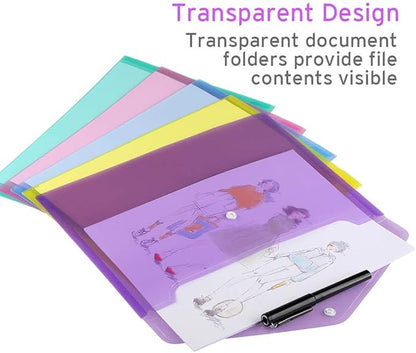 Sooez 12 Pack Folders Plastic Envelopes, Clear Plastic File Folder for Document, Letter A4 Size Poly File Envelopes with Label Pocket, Snap Button for Home Work Office Organizer, 5 Colors