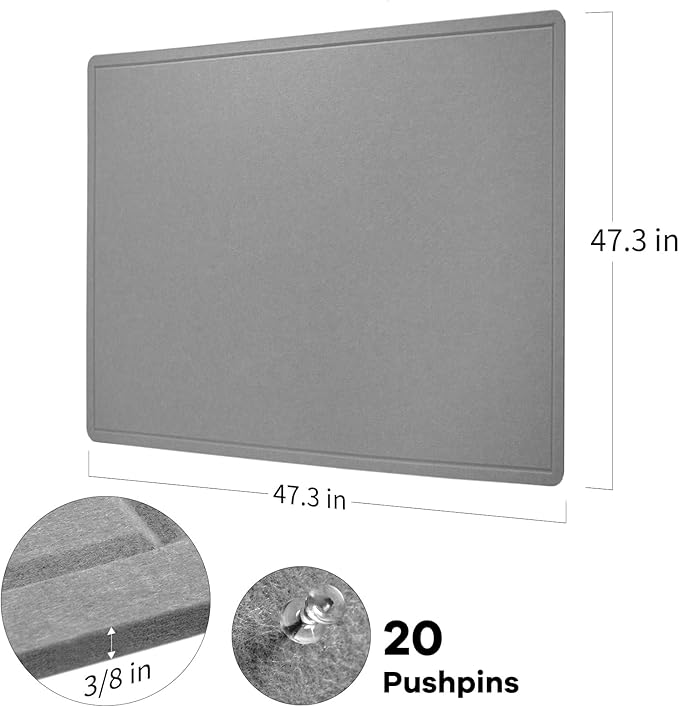 Large Bulletin Board - 48 x 48 Inches, Decorative Felt Pin Board for Wall - 4' x 4' Foldable Photo Display Board with Self-Adhesive Tape, Includes 20 Push Pins - Gray