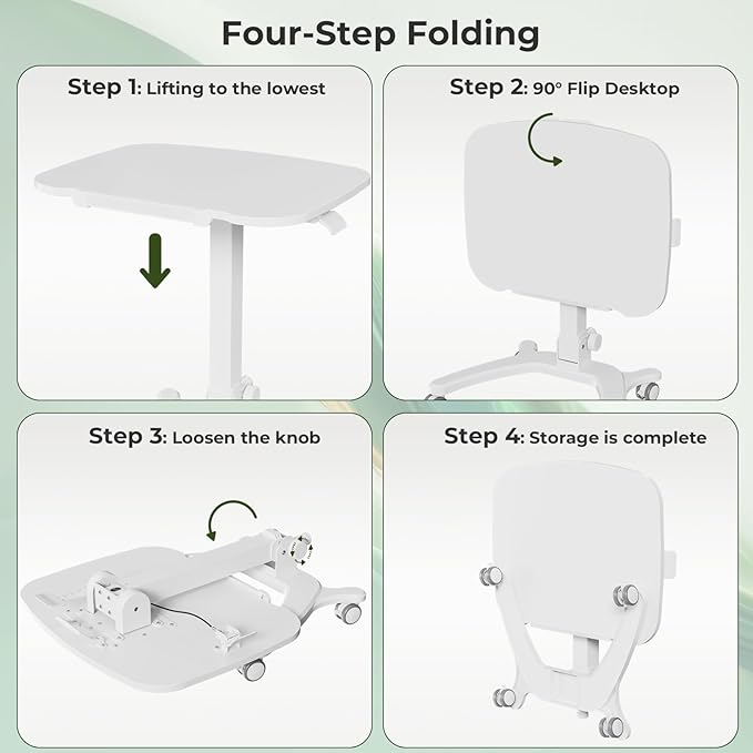 Foldable Mobile Standing Desk, 27"×21" Portable Rolling Laptop Desk with 90° Tiltable Board, Height Adjustable Mobile Desk Workstation with Wheels, Folding Desk for Home Office, White