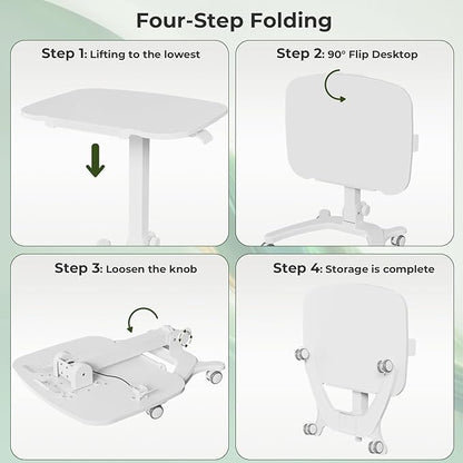 Foldable Mobile Standing Desk, 27"×21" Portable Rolling Laptop Desk with 90° Tiltable Board, Height Adjustable Mobile Desk Workstation with Wheels, Folding Desk for Home Office, White