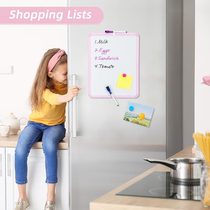 VUSIGN Small White Board Dry Erase, 14'' x 11'' Magnetic Dry Erase Board, Mini Whiteboard with Markers for Kids, Students, Fridge, Wall, Locker, Pink
