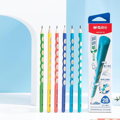 M&G 12 Pcs Triangular Hole Pencils for Kids with Grip Correction 2B Pencils, Pre-sharpened Colored Barrel Graphite Wood Pencils, Smooth Writing, Suitable for School, Office, Drawing, Sketching