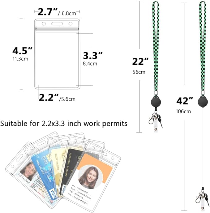 6 Pack Retractable Badge Lanyards and ID Badge Holder, Strap Lanyard with Swivel Metal Clasp for Badge Holders, Keychains, Offices, Staff, Students, Employees, Black Green Chequer