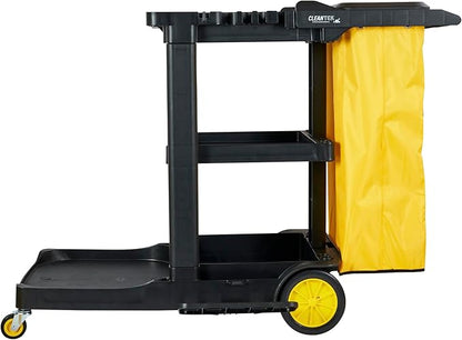 Restaurantware-Clean Tek Professional Janitor Cart with Wheels, 1 Cleaning Trolley with Cover and 21 Gallon Bag - 3 Shelves, Heavy-Duty, Gray Plastic Commercial Janitorial Cart, for Restaurants