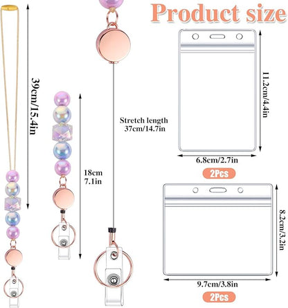 6 in 2 Set Retractable Lanyard for ID Badges, Teacher Lanyard with Badge Holders Beaded Cute Lanyards for ID Badges Keys Teacher Appreciation Gifts Office Gift for Coworkers