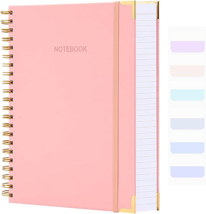 Spiral Notebook, College Ruled Notebook Journal, 8.5” x 11”, 300 Pages Leather Writing Journal for Women Men, A4 Hardcover Notebook for Work School, 24pcs Index Tabs, Pink