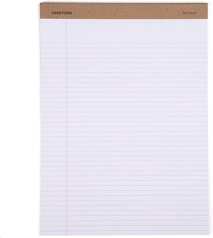 Mintra Office Recycled Writing Pads 6pk (White, Narrow Ruled (8.5in x 11in)) - 50 Sheets per Notepad, Micro perforated, Legal Pad, Notebook Paper for School, College, Office, Business