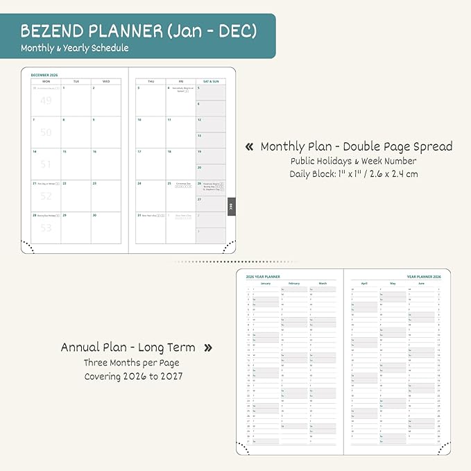 BEZEND Pocket Calendar 2026 Weekly and Monthly (3.5" x 6") Small Daily Planner for Purse (Jan-Dec) with Notes & Expenses, Inner Pocket, Pen Holder, Vegan Leather Hardcover - Orange