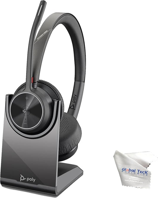 Poly Voyager 4320 UC Wireless Bluetooth Duo Headset (USB-A) Teams Version with Charge Stand - Global Teck Bundle with Microfiber Cloth - Deskphone, PC/Mac, Works with Zoom, RingCentral, 8x8, Vonage