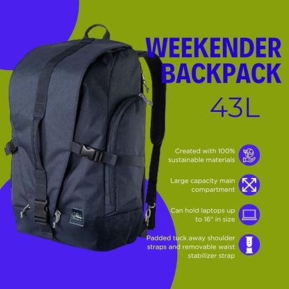 Skyway Luggage Rainier Weekender Backpack, Eco-Friendly, Made of 100% rPET Travel Laptop Bag for Women & Men, Flight Approved Carry On Bag, 43L, Tahoe Blue