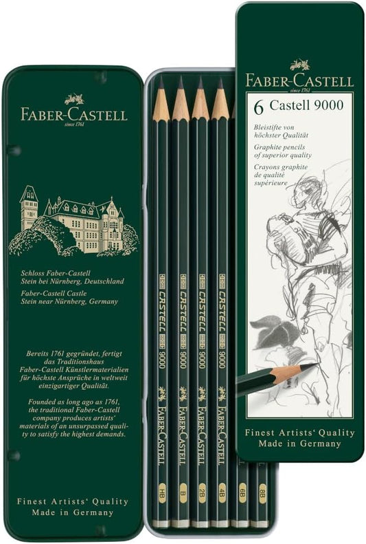 Faber-Castell 5 Piece Quality Water-Soluble Graphite Aquarelle Pencils in a Tin, Including HB, 2B, 4B, 6B and 8B, Grey
