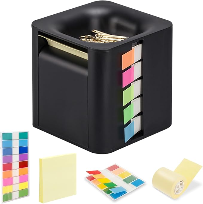 5-in-1 Sticky Note Holder for Desk - Pop Up Sticky Note Dispenser with Pop Up Post Its, Sticky Note Holder & Storage, Magnetic Absorber Case for On-The-Go Organization (Black)