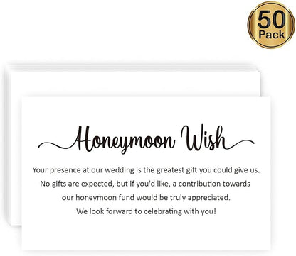 50 Honeymoon Wish Cards, No Gifts Request Wedding, Wedding Invitation Insert Cards, Honeymoon Fund Wish Cards (3.5" x 2")