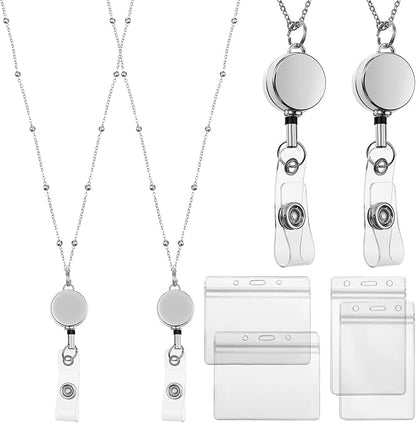 Outus 2 Pieces Badge Lanyard with ID Holders Stainless Steel Badge Holders Necklace Retractable Reel Clip Chain Water Resistant Name(Silver)
