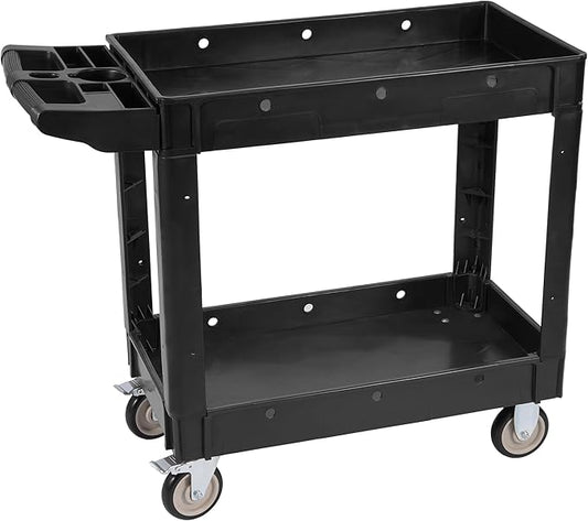 Elevon Service Utility Cart, 2-Shelf 550LBS Heavy Duty Plastic Rolling Tool Cart 2 Swivel Casters with Brakes, Ergonomic Storage Handle for Warehouse, Garage, Cleaning, Manufacturing - Black