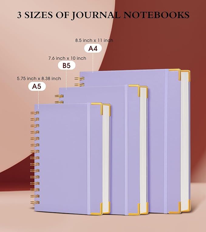 Spiral Notebook Journal 7.6” x 10”, 300 Pages Hardcover Leather Lined Journals for Women Men, B5 Large College Ruled Notebooks with 100 GSM Thick Paper, Spiral Journal for Writing Work, Purple