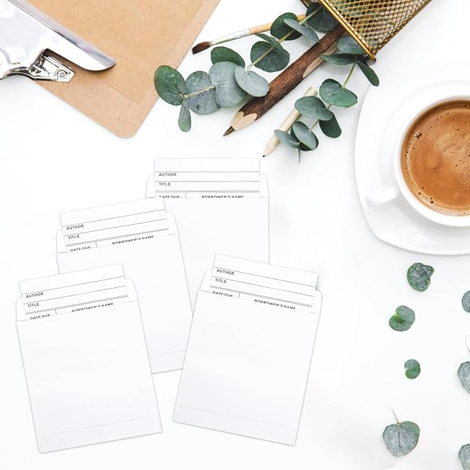 100 Piece Library Pockets & Cards - Check Out Cards & Book Envelopes for School, Office & Public Library