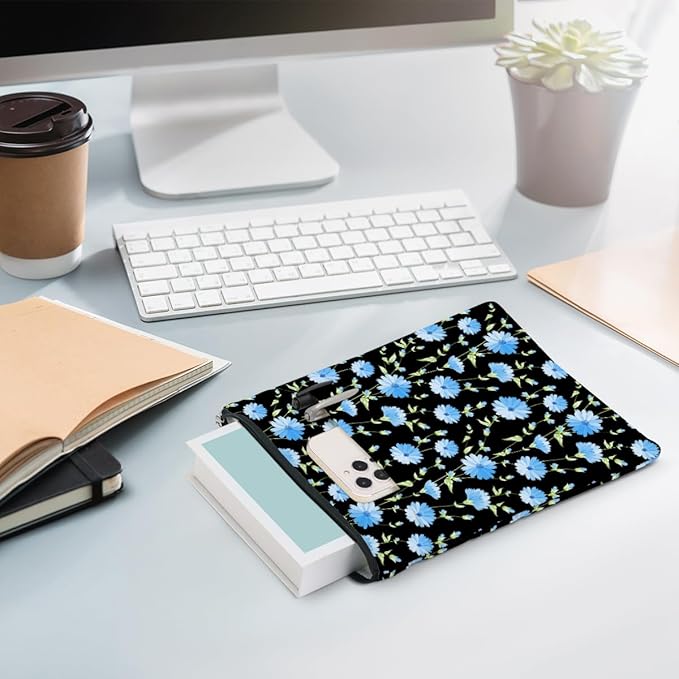 Blue Flower Pattern Book Lovers Gifts Waterproof Book Sleeve Book Pouch Book Protector with Zipper and Front Pocket BookCover Case for Women Best Friend Grandma Book Accessories Book Club Gifts