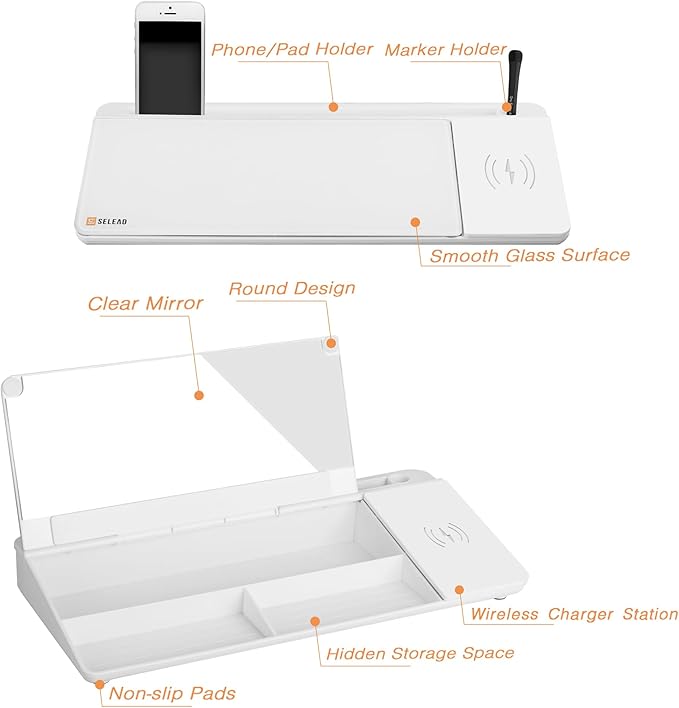 SELEAD Desktop Glass Whiteboard with Wireless Charger Station & Built-in Mirror, Dry Erase Board Computer Pad Keyboard Stand with Organizer for Home, School, Office Desk Accessories, White