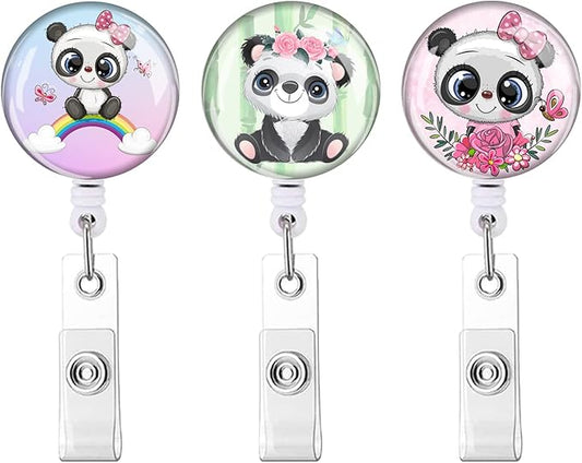 Retractable ID Badge Holder,Nurse Badge Reels with Clip,Name Card Holders for Office Worker Doctor Nurse （3 Pack Pretty Panda）