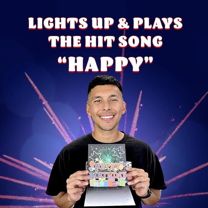 100 GREETINGS Fireworks Pop Up Happy Birthday Card - Singing Celebration Card with Light Show & Music, Unique Musical BDay Message for Women, Men, Mom, Grandma & Grandpa (1 LED)