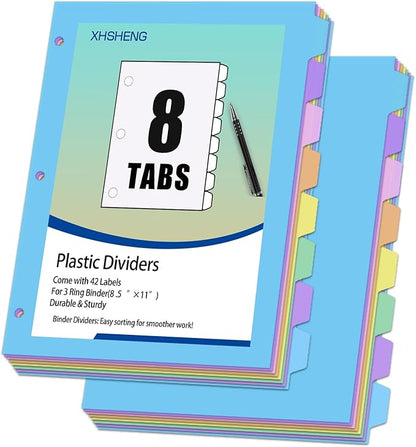 16Pcs/2 Sets Binder Dividers for 3 Ring Binder,8 Tab Plastic Dividers with Tabs, Pastel Color File Dividers, Notebook Dividers for School, Office