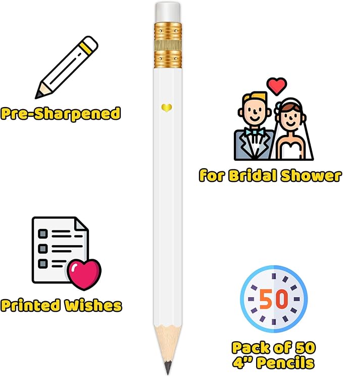 Pack of 50-4'' Bridal Shower Pencils, Pre-sharpened Half Pencils for Bridal Shower Party Games