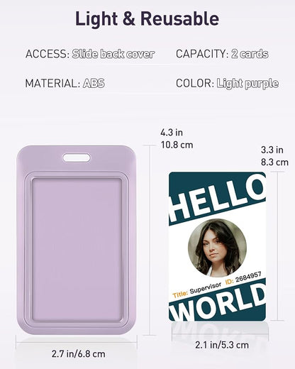 Uniclife 3 Pack Sliding ID Badge Holder Vertical Hard Plastic Case with Clear Window Light-Purple Card Protector for Office School ID Credit Cards Proximity Key Cards Driver’s Licenses and Passes