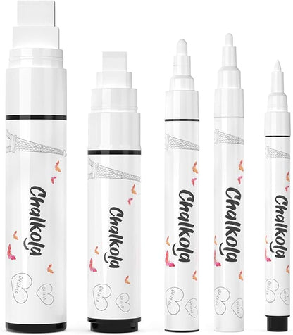 Chalkola 5 White Chalk Markers for Chalkboard Signs, Blackboard, Car Window, Bistro, Glass | 5 Variety Pack - Thin, Fine Tip, Bold & Jumbo Size Erasable Liquid Chalk Pens (1mm, 3mm, 6mm, 10mm, 15mm)