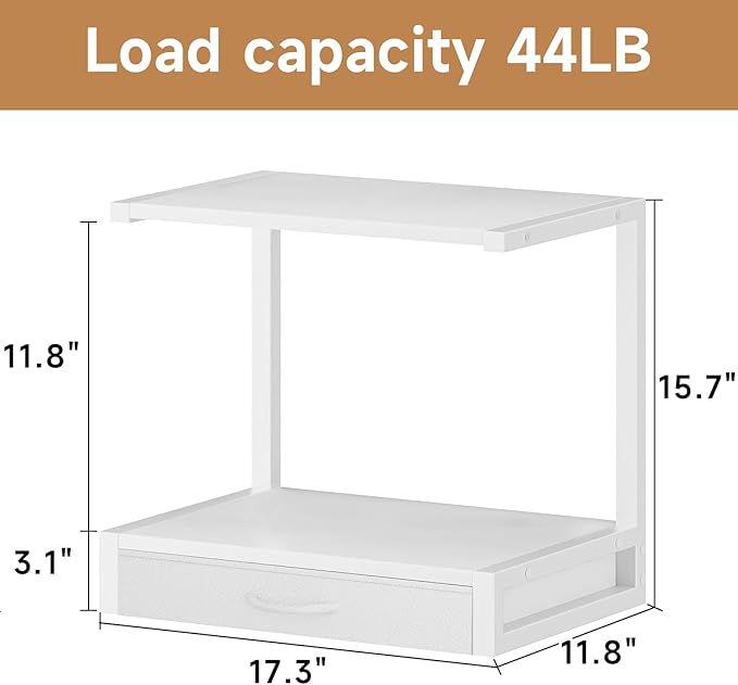 2-Tier Desktop Printer Stand with Fabric Drawer, Prtiner Table with Storage Shelf, Desk Organizer for Home Office,3D Printer,Fax Machine,Scanner, 17.3"x11.8" White