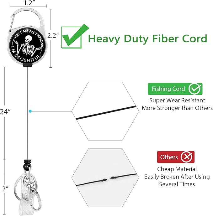 As Far As I Know I'm Delightful Badge Reel Retractable Heavy Duty with 360°Swivel Carabiner Clip,Skeleton ID Badge Holder Retractable, Nurse Teacher ID Card Holder Retractable Keychain Name Badge Clip