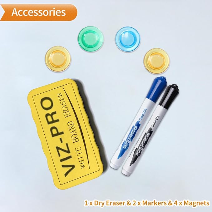 VIZ-PRO Magnetic Whiteboard/Dry Erase Board with Black Aluminium Frame, 24 X 18 Inches, Includes 1 Eraser & 2 Markers & 4 Magnets
