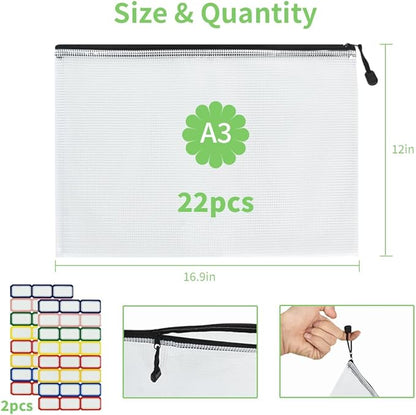 Vuzvuv 22Pcs A3 Size-16.9"x 12" Large Mesh Zipper Pouch with Label Sticker, Plastic Document Mesh Bag for File Board Game School Office Home Travel Storage（43cm30cm）