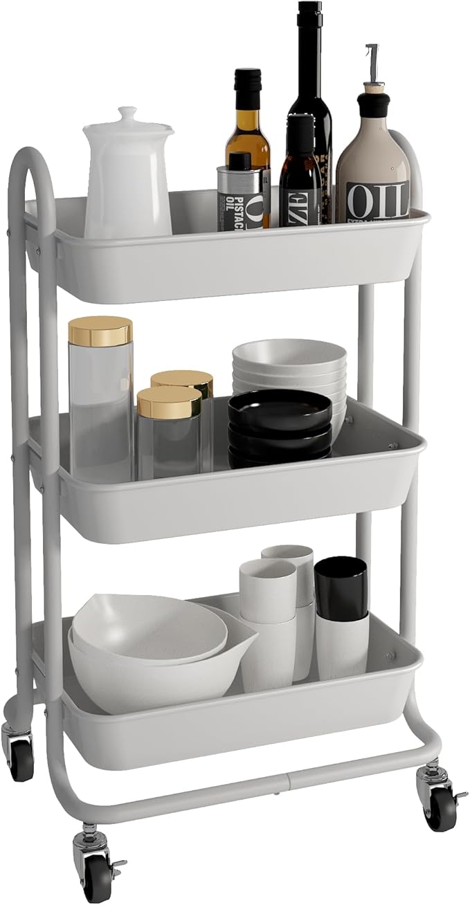 3-Tier White Utility Rolling Cart,Kitchen Storage Carts with Wheels,White Metal Rolling Cart for Office,Home,Kitchen,Garden（18"x11.4"x31.2"）
