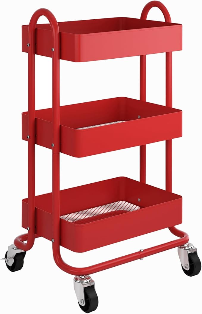 3-Tier Red Utility Rolling Cart,Kitchen Storage Carts with Wheels,Red Metal Rolling Cart for Office,Home,Kitchen,Garden（13.4"x18.1"x31"） Red