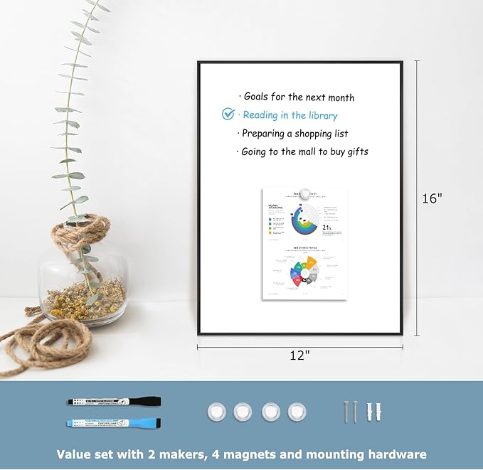 Small Whiteboard, 16'' x 12'' Magnetic White Board Dry Erase Board for Wall, Hanging Black Aluminum Frame Wipe Board for Home, Office, School