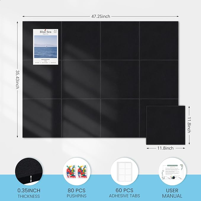 Large Cork Bulletin Board for Wall 48"x36", 12 Pack Felt Wall Tiles with 80 Pushpins, 60 Safe Removable Adhesive Tabs, Decorative Pin Board Tack Board for Office Home School, Black