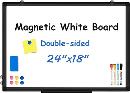 Double-Sided White Board Black Aluminium Frame, 24" x 18" Dry Erase Board Magnetic Whiteboard for Wall, Hanging Mounted Whiteboard Home, School, Office, Kitchen