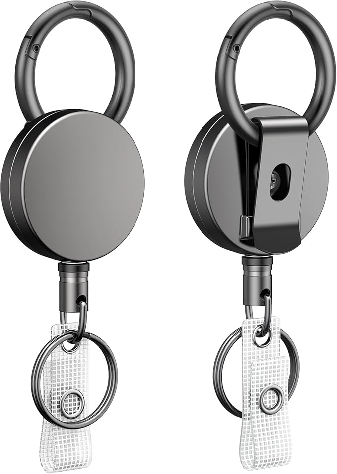 Uniclife 2 Pack Heavy Duty Metal Retractable Badge Reel for Badge Holder Retractable Keychain All Metal Casing with Stainless Steel Spring Coil 27.5" Nylon Rope Carabiner Belt Clip and Key Ring