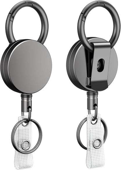 Uniclife 2 Pack Heavy Duty Metal Retractable Badge Reel for Badge Holder Retractable Keychain All Metal Casing with Stainless Steel Spring Coil 27.5" Nylon Rope Carabiner Belt Clip and Key Ring