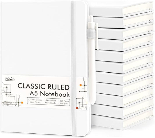 feela 12 Pack Notebooks Journals Bulk, Hardcover Notebook Classic Ruled Lined Journals with Pen Holder for Women Girls School Business Supplies, with 12 Black Pens, 120 GSM, 5.1”x8.3”, A5, White