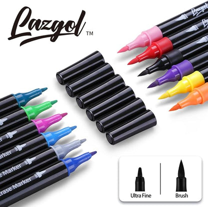 Wet Erase Markers Dual Tip, Lazgol 12 Assorted Colors, Dual Tip Brush & Fine Overhead Transparency Smudge Free Markers for Dry Erase Whiteboard, Refrigerator Calendars, Glass, Films and Any Kind of