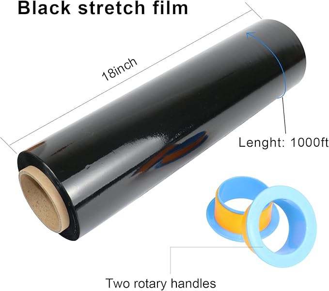 BOMEI PACK Black Stretch Wrap Industrial Strength with Plastic Handle 18" x 1000 Feet 80 Gauge 4 Pack, Black Shrink Wrap, Self-Adhering Black Plastic Wrap for Shipping, Moving