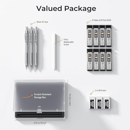Nicpro 0.7 Metal Mechanical Pencil Set with Case, 3PCS MP1000 0.7mm Artist Lead Pencil With 8 Tube HB Refills, 3 Erasers, 9 Eraser Refill For Architect Art Drafting Drawing Engineering, Sketching