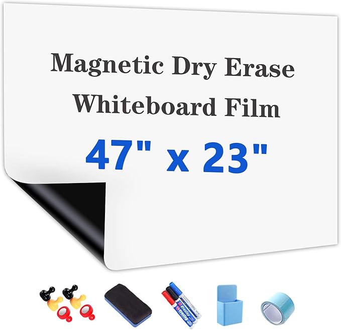 Magnetic White Board Film, 47" x 23" Dry Erase Board for Wall, Self Adhesive Whiteboard Paper Set for Office, Conference Room, Classroom, Home, Include Marker, Magnetic Eraser and Magnets