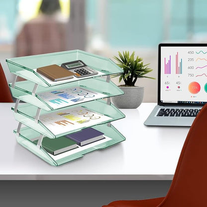 Acrimet 4 Tier Side Load Letter Tray Facility, Desktop File Organizer, A4 Letter Size Paper Organizer, Minimalist Storage Solution Paper Tray for Office, Home, Classroom (Plastic, Clear Green Color)