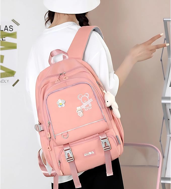 Cute School Laptop Backpack with Large Capacity Multiple Pockets for Girls Travel Friendly with Luggage Strap Accessory Included (Flesh Pink)